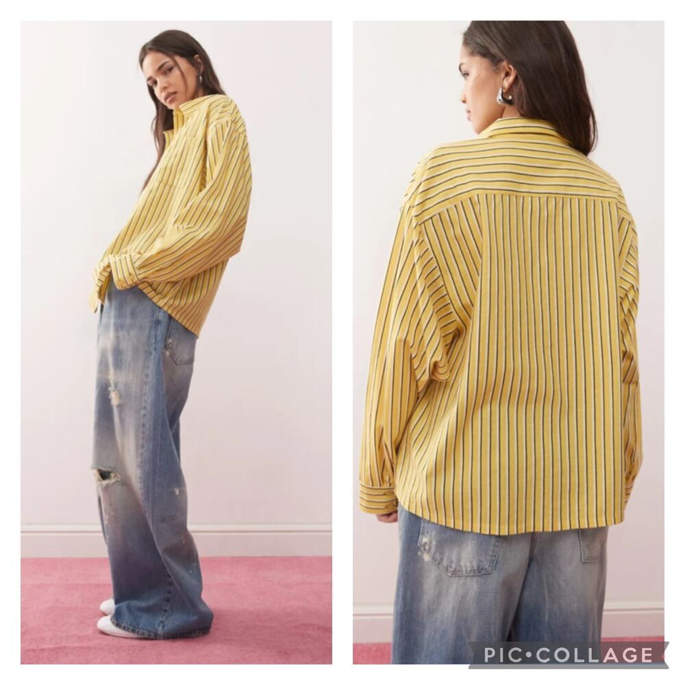 Collusion Yellow Striped Linen Shirt Oversized Boxy Fit Size Medium
